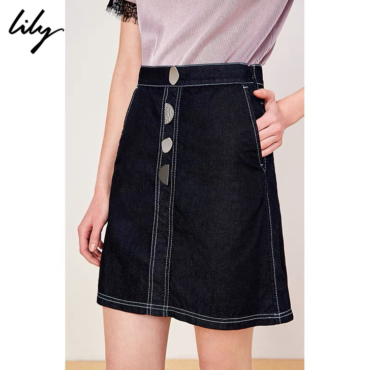 Lily夏新款女装帅气装饰扣藏青修身显瘦复...