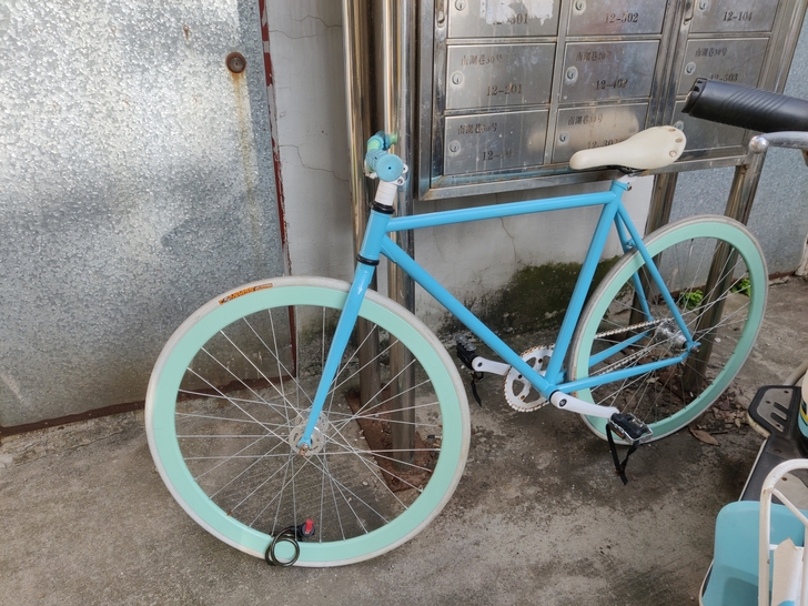 没有支撑自行车的那个东西了，只能靠着别的东...