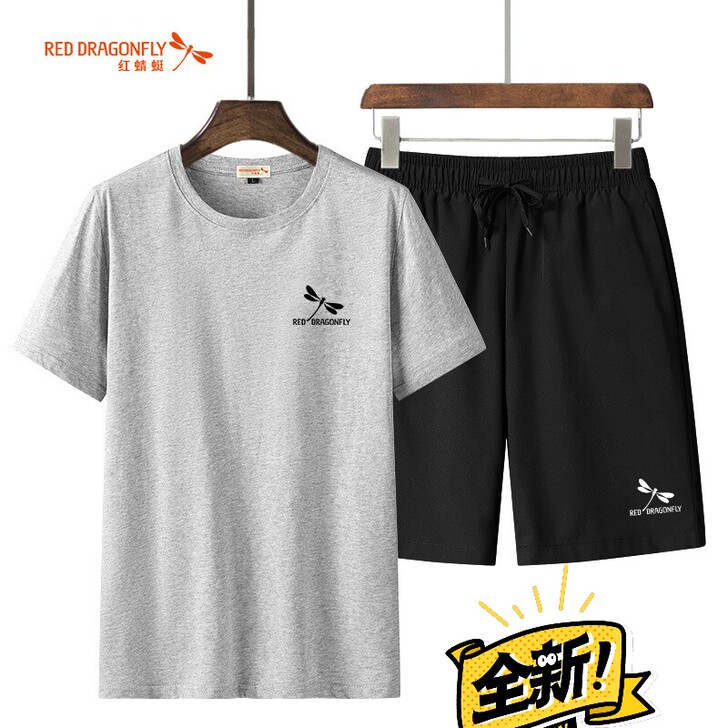 红蜻蜓 夏季新款男士短袖T恤运动休闲套装