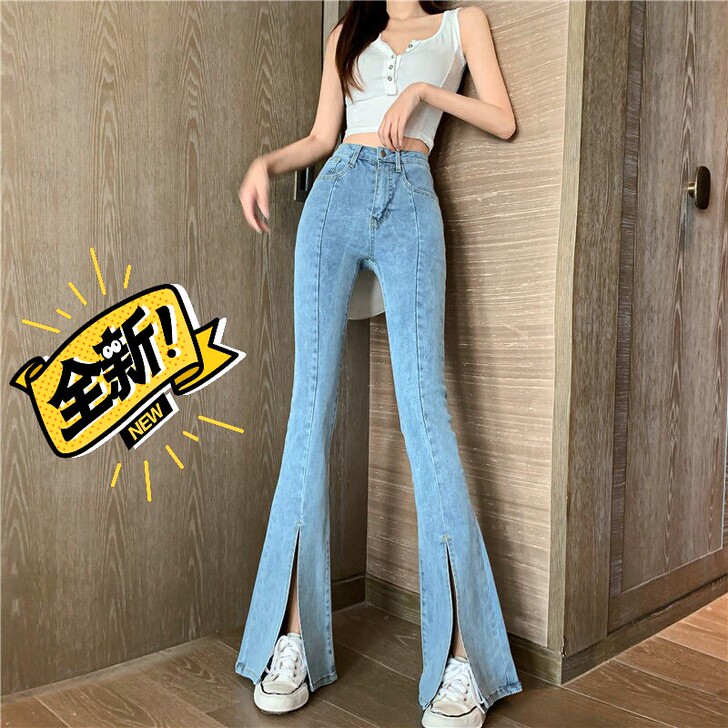 清货处理 泫雅开叉牛仔裤微喇叭裤女高腰显瘦...