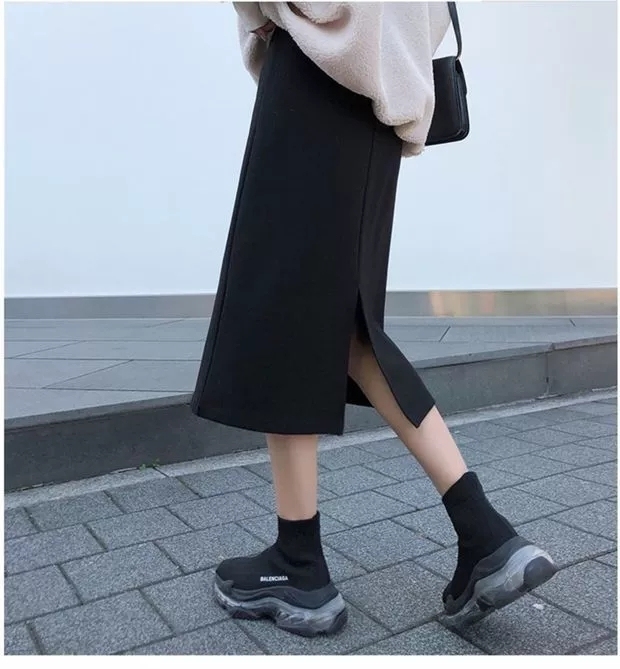胖妹妹半身裙秋冬女大码高腰a字一步裙胖mm...