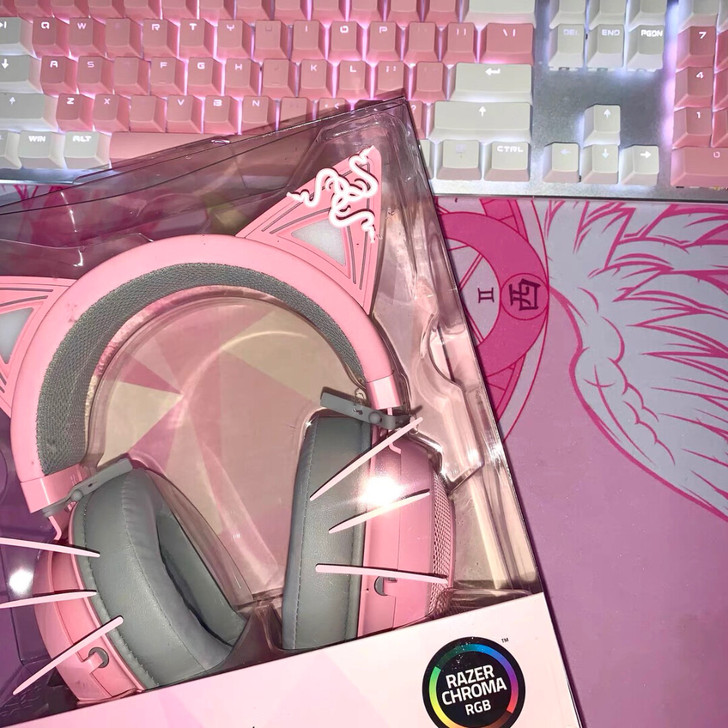 Razer雷蛇北海巨妖萌猫版粉晶USB头戴...