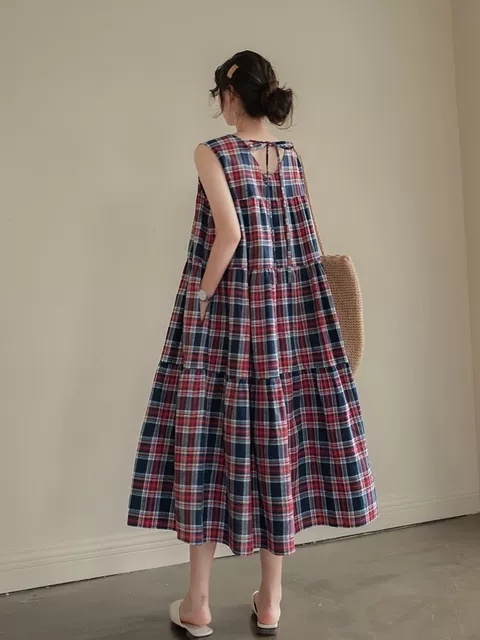 安妮森林复古格纹棉质印花背心裙背后蝴蝶结系...