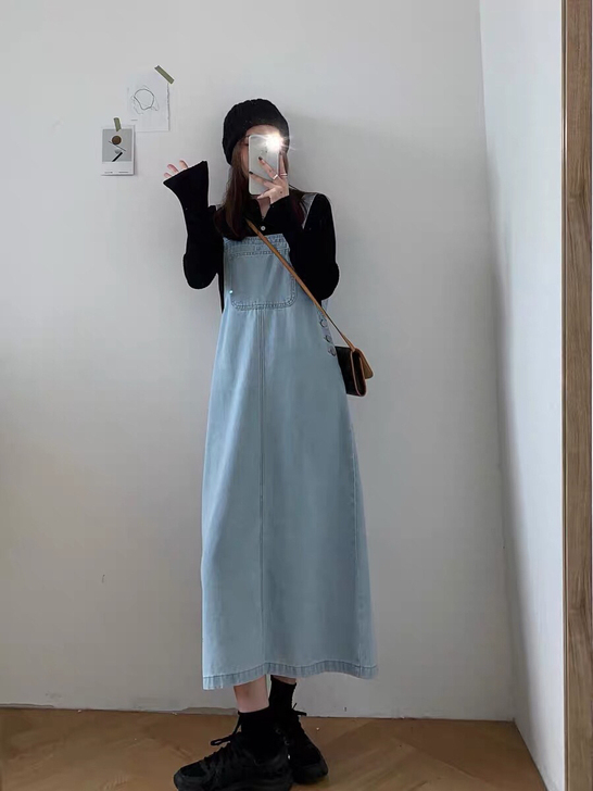 苏安家 减龄学院风牛仔背带裙