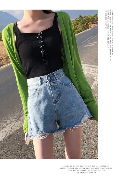 超高腰牛仔短裤女夏季宽松显瘦毛边a字浅色超...