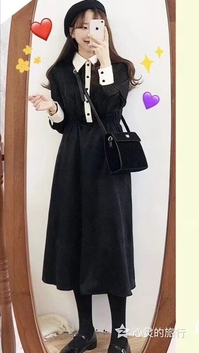 黑色学生裙复古小黑裙连衣裙学生赫本风 黑色...