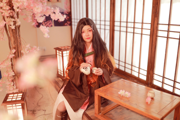 出祢豆子cos服全套m码+假发+饰品+木屐...