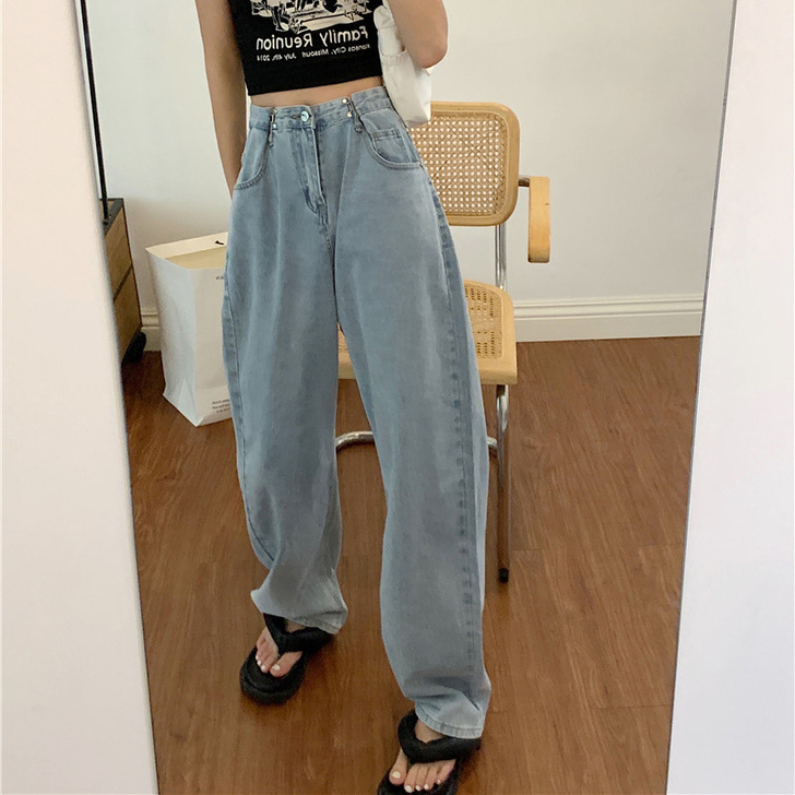 大码高腰直筒垂感显瘦显高浅色牛仔裤女泫雅百...