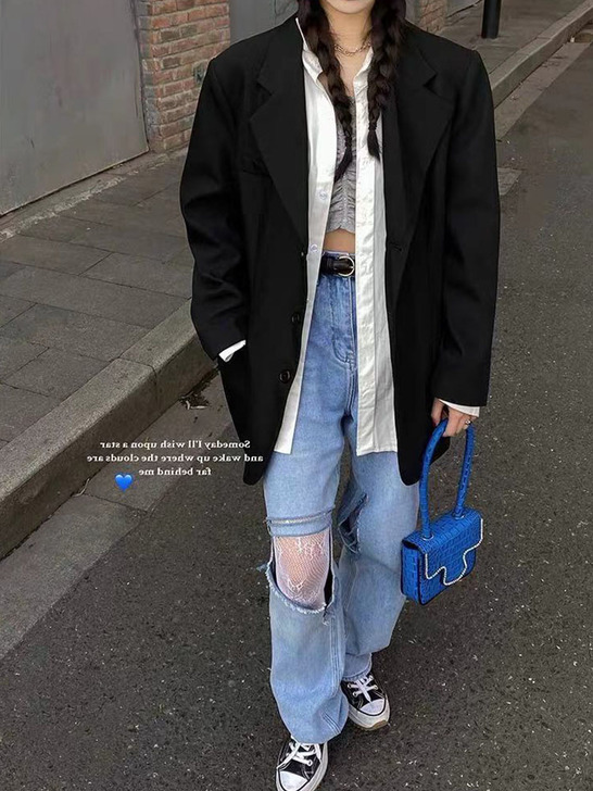 2021春季新款港风高腰直筒破洞牛仔裤女阔...