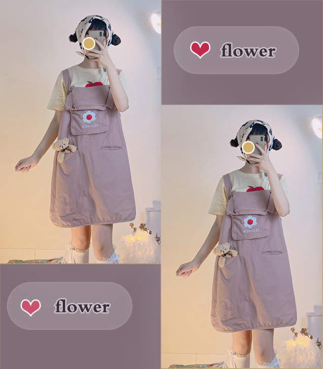 日系可爱少女软妹花朵口袋设计宽松韩版背带裙...