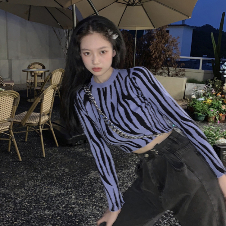 春季2021新款复古斑马纹性感露脐修身显瘦...