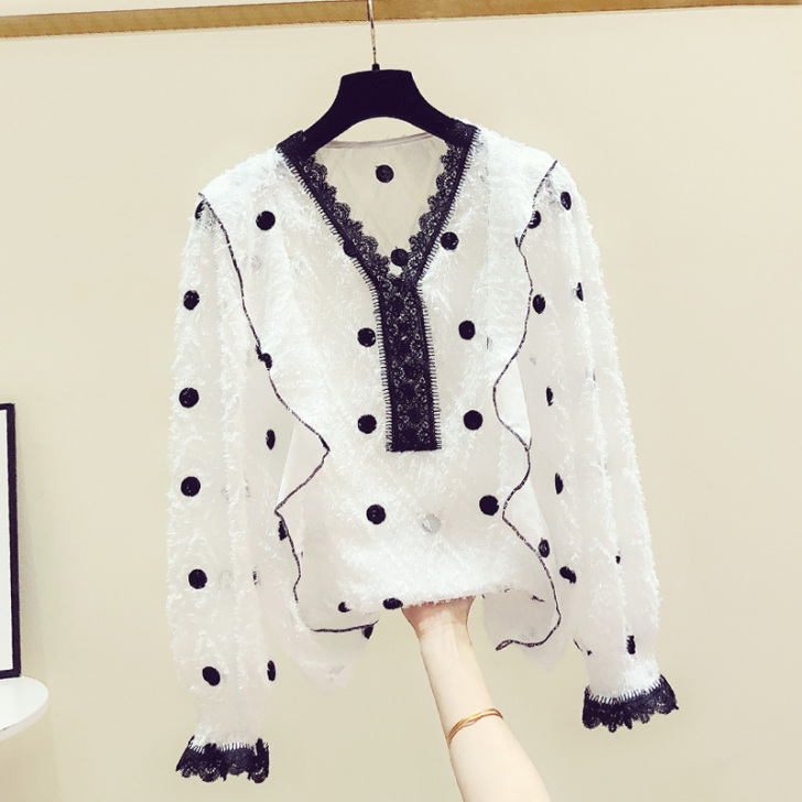 荷叶边雪纺蕾丝衫女韩版2020春装新款波点...