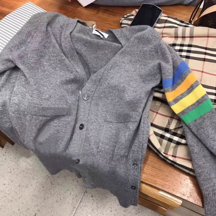 TB彩条开衫 羊毛羊绒针织衫 织带4杠条纹...