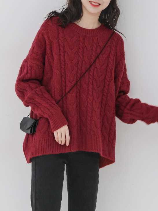 红色麻花打底毛衣女春款本命年洋气宽松慵懒2...