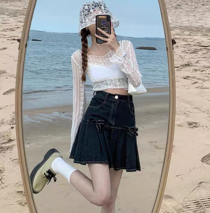 设计感小众蝴蝶结牛仔半身裙女夏季高腰短裙辣...