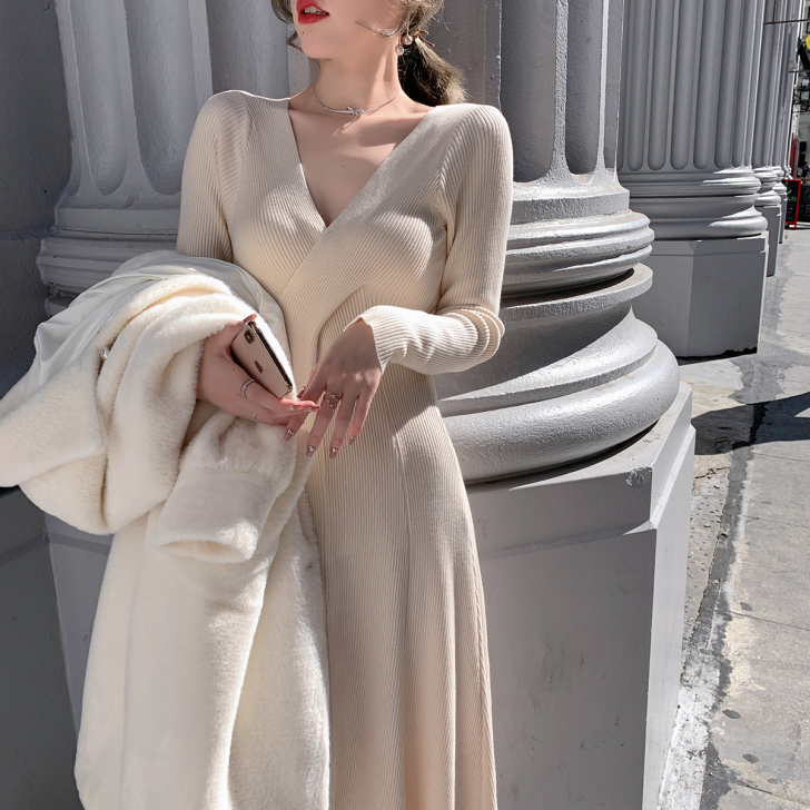 ByYou秋冬新款收腰显瘦长袖v领针织打底...