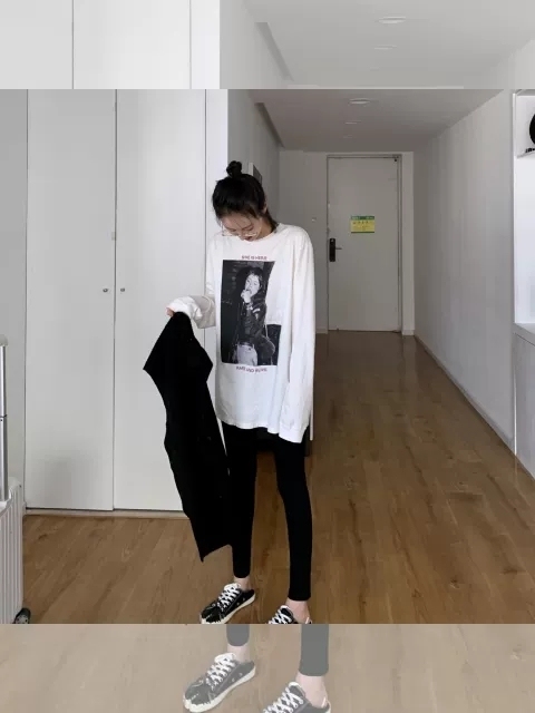 春秋季新款白色圆领印花打底衫T恤