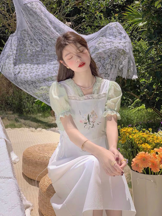 范智乔 田园风方领无袖连衣裙夏薄款小个子白...