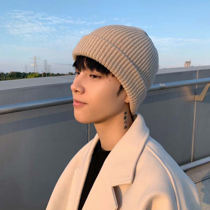 帽子男秋冬潮纯色宽松加大针织帽男加厚毛线帽...
