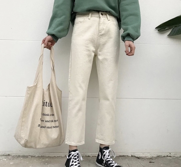 韩版宽松工装高腰哈伦裤米色牛仔裤女生春季裤...