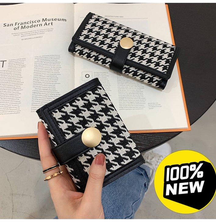 新款千鸟格帆布小钱包女短款撞色折叠零钱夹多...