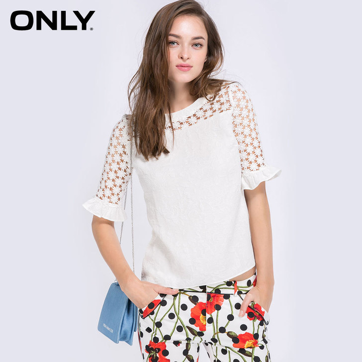 ONLY镂空蕾丝钩花短袖蕾丝衫女|1153...