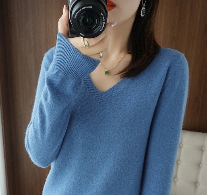 通勤长袖针织衫女V领套头薄毛衣短款纯色内搭...
