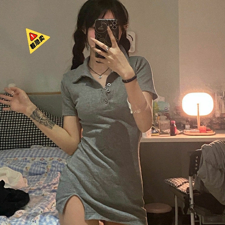 2021夏季新款POLO领连衣裙修身显瘦辣...