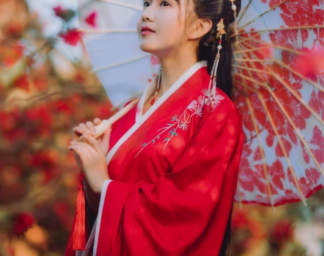 松萝-秋冬传统汉服女双绕曲裾 修身显瘦红色...