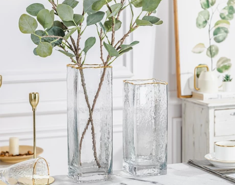 【特卖价】北欧锤目纹玻璃花瓶摆件轻奢金边客...