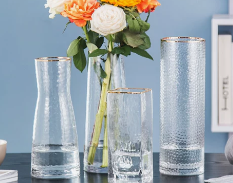 日系锤纹小透明玻璃花瓶简约创意水培插花花器...