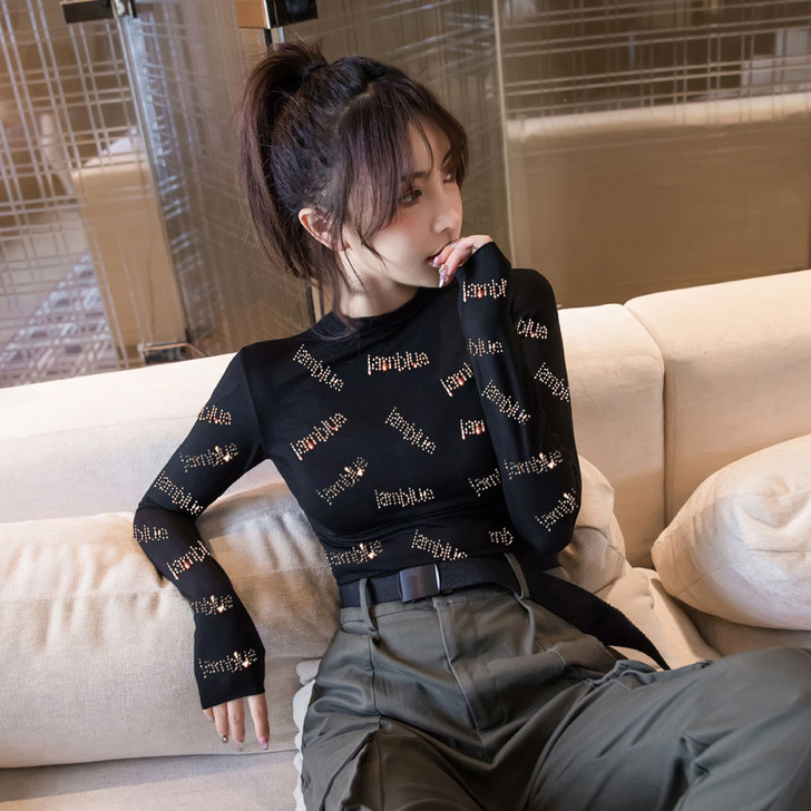 欧洲站打底衫女2021秋季新款亮钻t恤黑色...