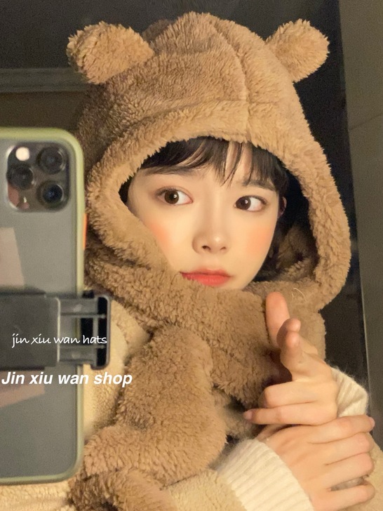 韩版小熊帽子围巾一体百搭可爱女冬季jenn...