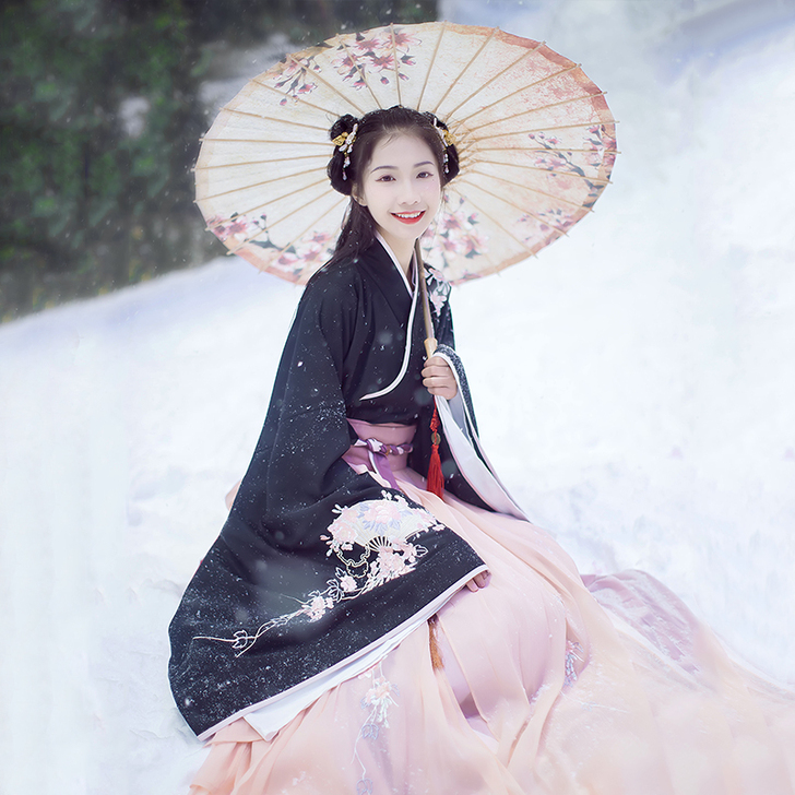 汉尚华莲原创汉服女大袖交领衫裙双层齐腰折扇...