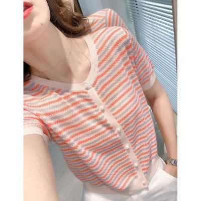 2021夏季新款冰丝彩虹条纹t恤女短袖宽松...