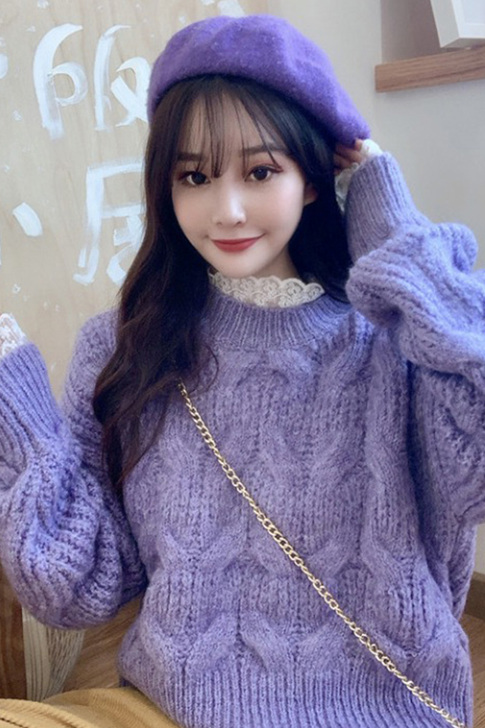 紫色毛衣女秋冬宽松外穿慵懒风麻花2021年...