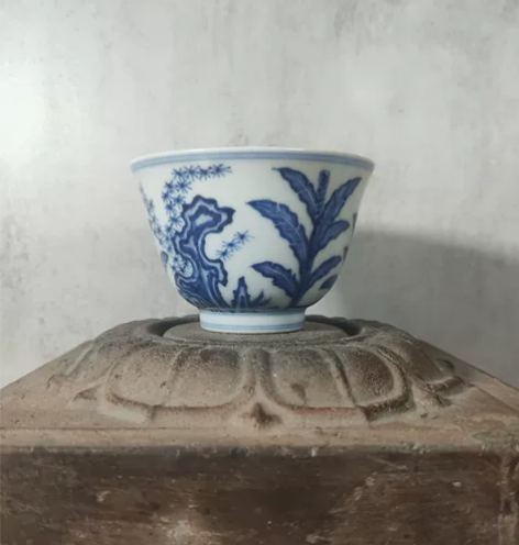 浅草山房,青花,杯,瓷器 石竹芭蕉,文人气...