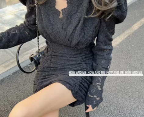 十三行法式V领蕾丝连衣裙女小个子短裙，只剩...