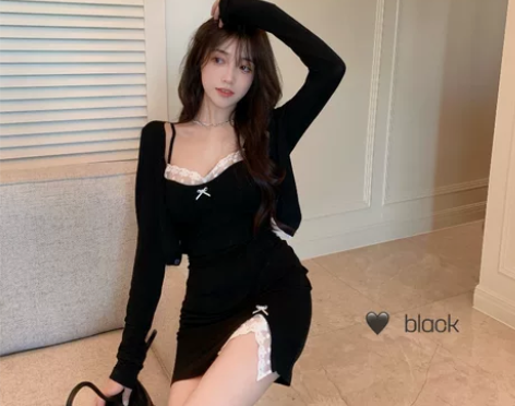 法式小众蕾丝性感连衣裙女温柔风开叉包臀短裙...
