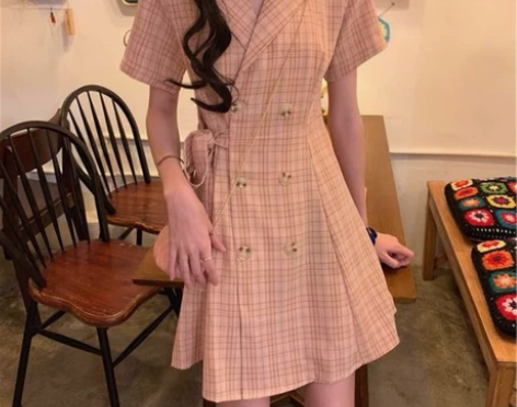 复古港味连衣裙2022夏季新款西装领双排扣...