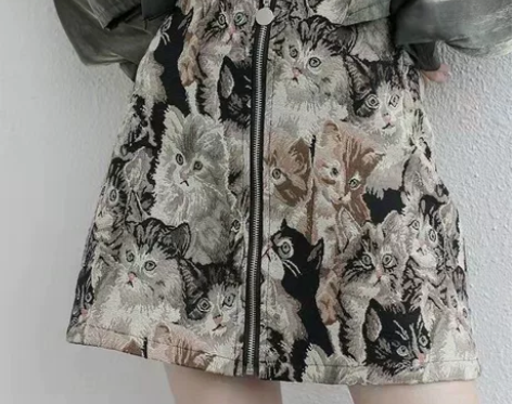 复古A字裙提花刺绣猫猫印花半身裙秋冬女甜美...