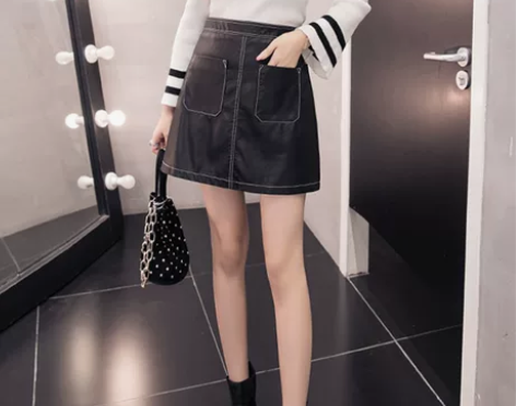 秋季时尚PU皮半身裙高腰百搭裙子胖mm短裙...