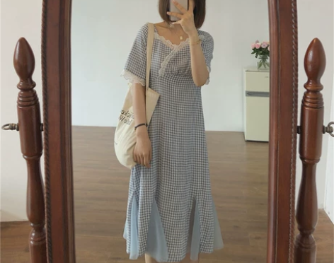 muzi2020夏/夏日约会时刻清新格子蕾...