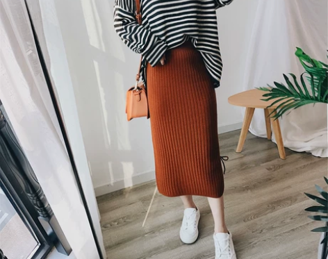 ?中长款纯色侧开叉螺纹针织半身裙高腰显瘦一...