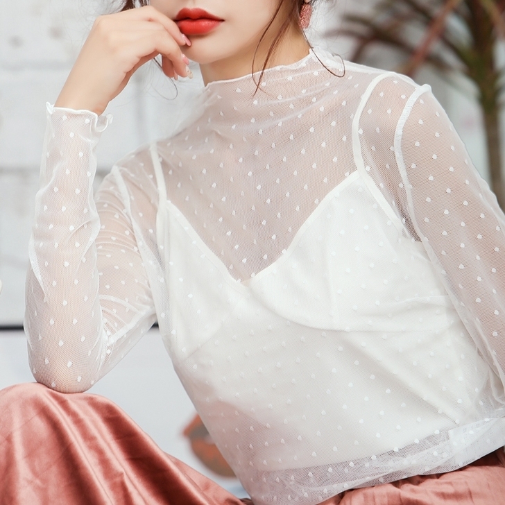 长袖半高领波点网纱上衣女早秋新品时尚百搭透...