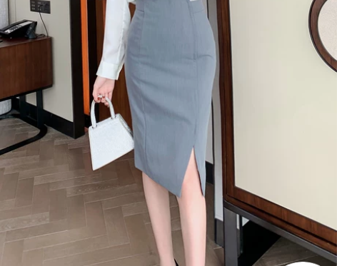 灰色职业高腰半身裙中长款复古开叉包臀裙显瘦...