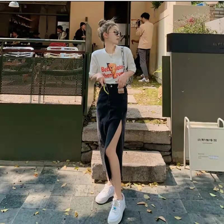 侧开叉牛仔半身裙女2021年夏季新款高腰a...