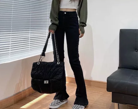 微喇牛仔裤女马蹄裤2022春季新款高腰黑色...