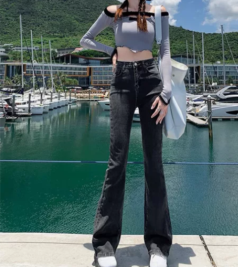 BRN2022年秋高腰微喇牛仔裤女弹力修身...