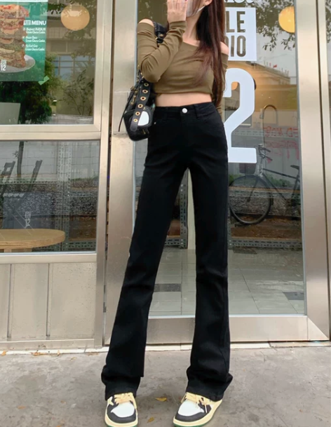 高腰弹力牛仔裤女直筒秋冬加绒微喇叭纯黑ch...